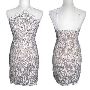 Lulus Mini Dress Delicate Darling Lace Bodycon Halter Beige Ivory Black Small S